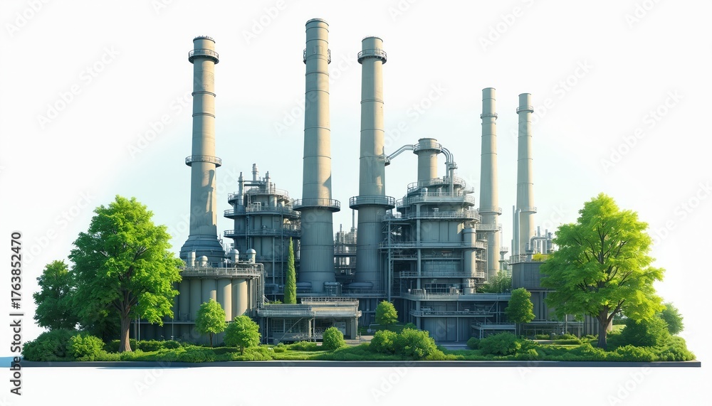 Obraz premium Large industrial facility with tall smokestacks and green trees surrounding. Complex machinery and metal structures create industrial landscape with nature elements. Clear sky.