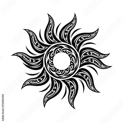 Intricate black sun symbol with tribal flame like rays stylized celestial body design element silhouette