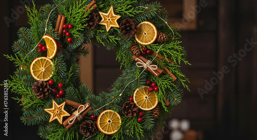 Decorated solstice wreath with oranges and spices, showcasing winter beauty and festive spirit