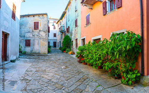 Colorful narrow street with old stone houses and green plants in pots in a historic Mediterranean town