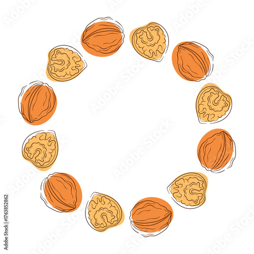 Circular wreath with walnut and kernel on a white background in a flat style.