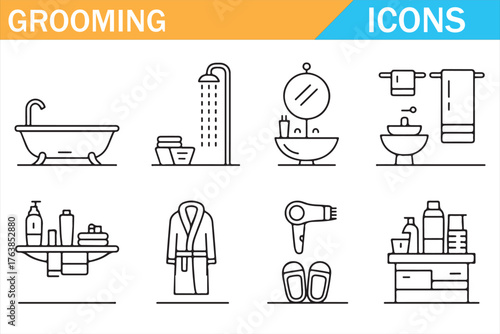 Minimal vector icons of bathroom and grooming essentials for personal care design.
