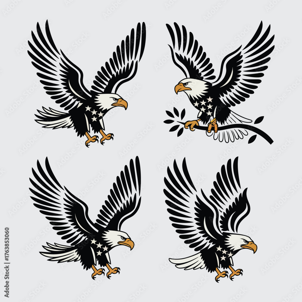 Fototapeta premium Powerful USA Eagle Vector Set with Patriotic Flying Poses