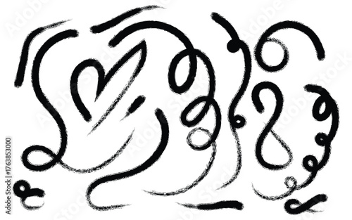 Abstract black brush strokes and swirls on white background