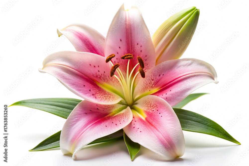Fototapeta premium Pink Lily Flower with Green Leaves on White