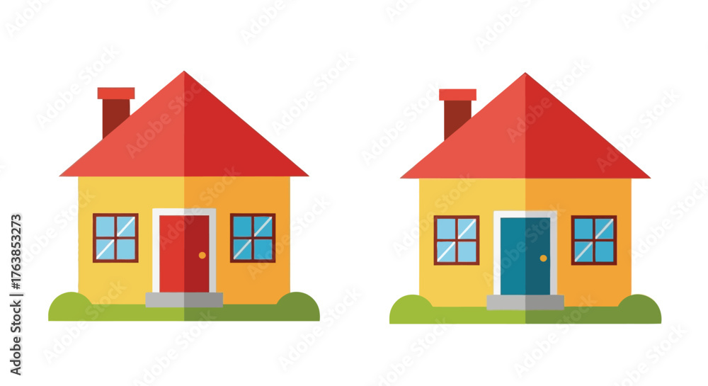 Fototapeta premium Simple depiction of two brightly colored houses with red roofs