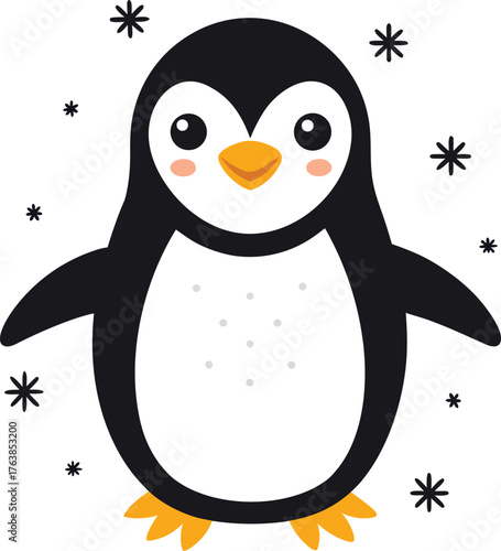 Adorable cartoon penguin with cute eyes and orange beak surrounded by snowflakes