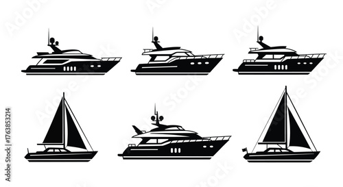 Collection of various black and white silhouettes of boats and yachts