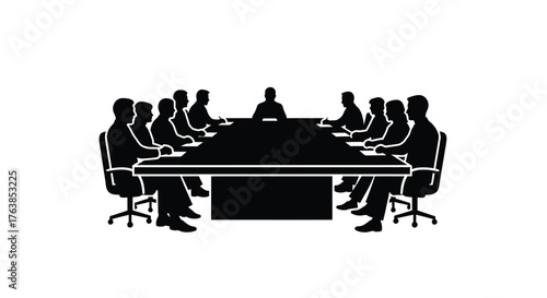 A silhouette of people seated around a large conference table