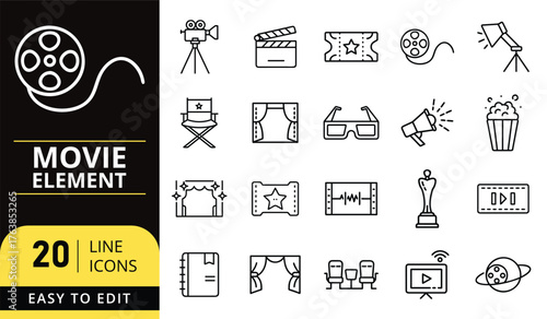Collection of hand drawn movie and cinema icons for film production