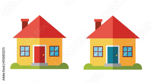 Simple depiction of two brightly colored houses with red roofs