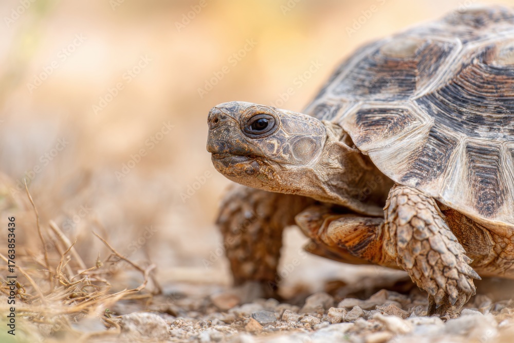 Obraz premium Close-up of tortoise shell showcasing rough texture and intricate patterns, highlighting the natural beauty and unique features of this fascinating reptile