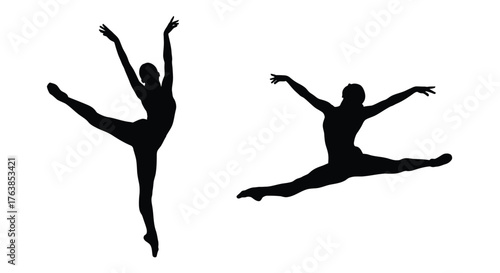 Silhouettes of two dancers in dynamic poses showcasing movement and grace