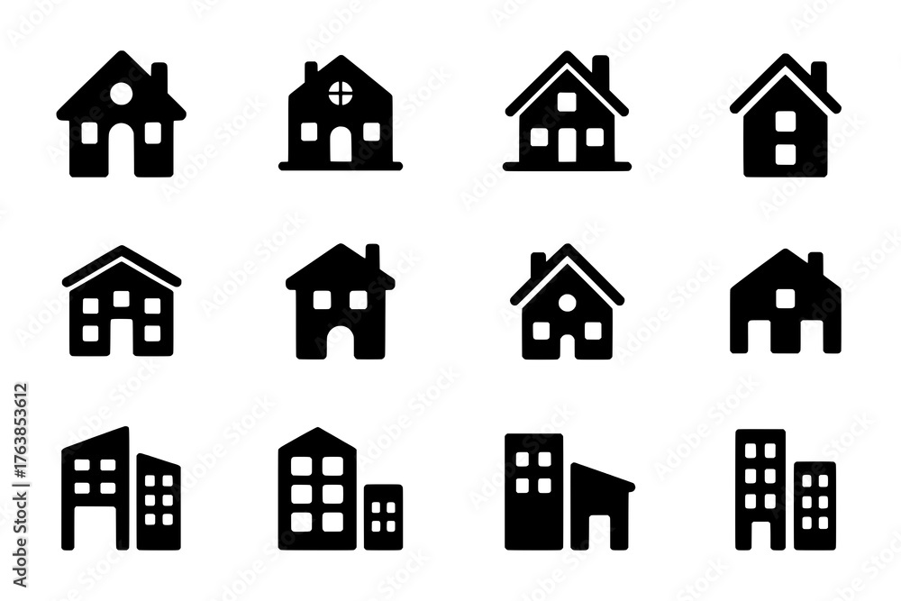 Fototapeta premium Grid of Twelve Flat Black House and City Building Icons on White Background, Minimalist Real Estate Symbols
