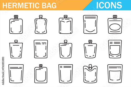 Clean modern icons showing hermetic plastic packaging bag variations