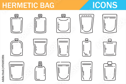 Isolated vector icons of stand-up and spout pouches with zip closures.