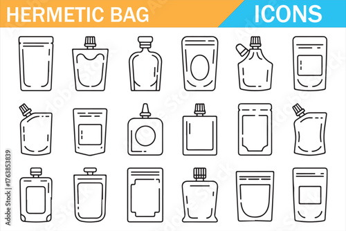 Flat line design of hermetic ziplock packaging icons for branding.