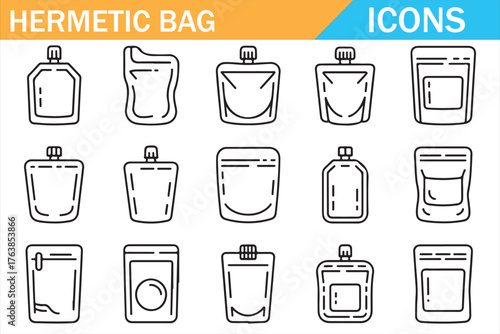 Outline style hermetic ziplock and resealable pouch bag icons set.