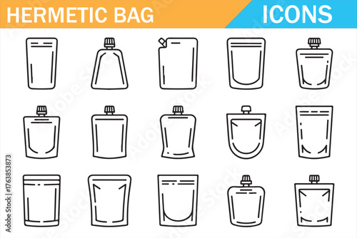 Minimal vector collection of sealed pouch and spout packaging designs.