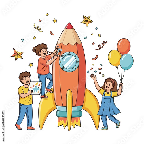 Joyful children express their creativity by launching a pencil rocket, symbolizing imagination, learning, and fun in a cartoon vector illustration