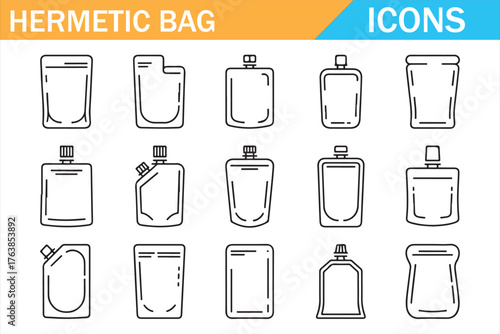 Line art icons of hermetic packaging bags for food and product storage mockups.