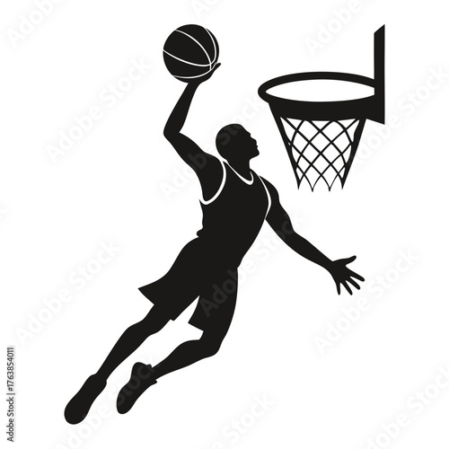 Dynamic silhouette of a basketball player performing a slam dunk into the hoop