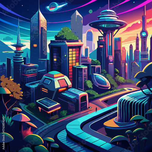 Vibrant futuristic cityscape with sleek architecture and flying vehicles under a colorful twilight sky