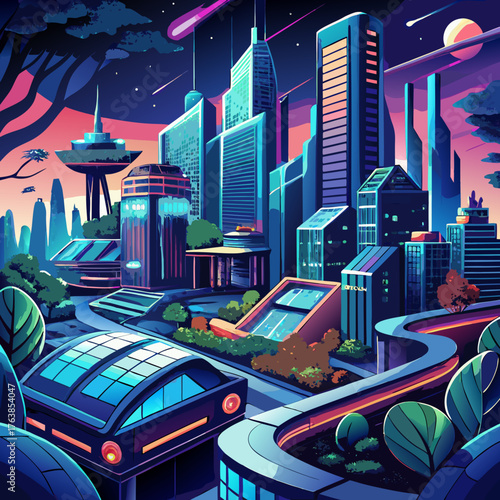 Futuristic city skyline with sleek architecture and advanced transportation at twilight