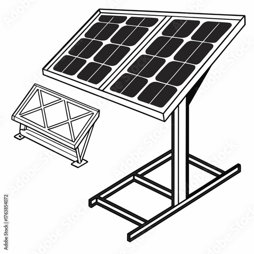 Illustration of a solar panel system with mounting hardware and separate base