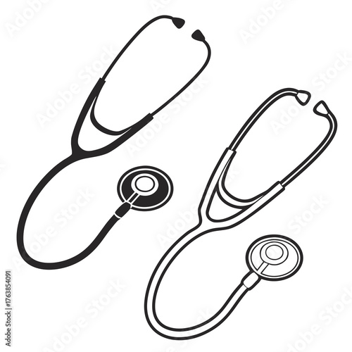 Two black and white outline illustrations of stethoscopes on a white background
