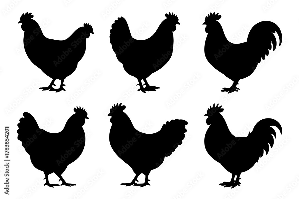 Fototapeta premium Collection of Six Solid Black Hen and Rooster Silhouettes Arranged in a Grid on a White Background
