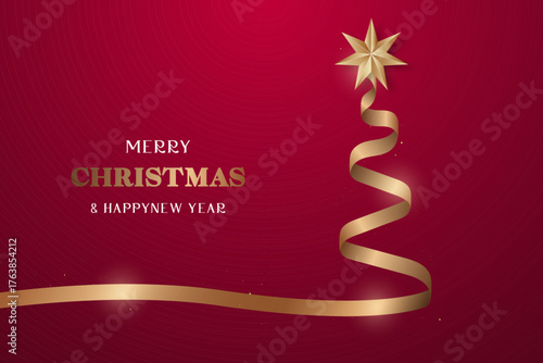 Elegant design features golden ribbon spiraling to star on Christmas red background. 