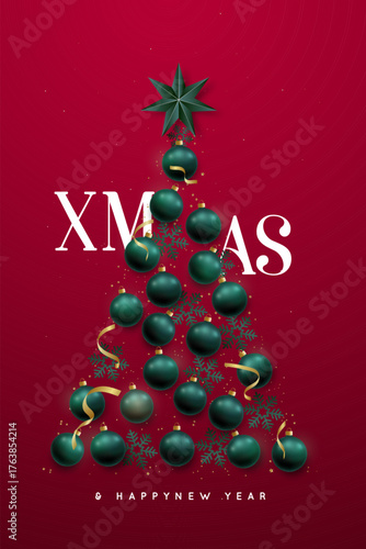 Stylish Christmas tree design adorned with green ornaments against vibrant red background. Design for holiday headers, banners, party invitations.