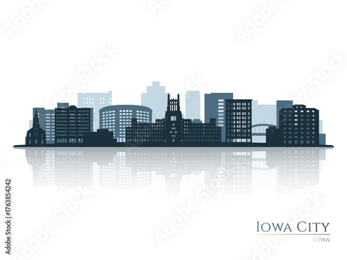 Iowa City skyline silhouette with reflection. Landscape Iowa City, Iowa. Vector illustration.