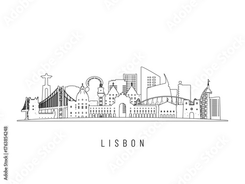 Detailed Lisbon skyline vector illustration. Lisbon buildings in line art style, perfect for modern designs.