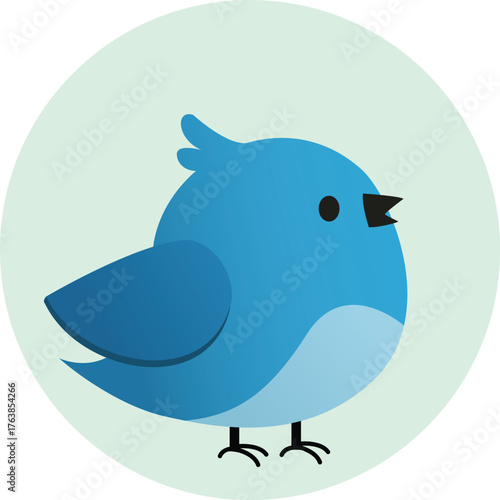 Adorable blue bird standing in profile with its beak open ready to sing on a light green circle