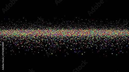 Colorful dots bouncing on black background, abstract loop animation with glowing particles, minimal motion design, visual loop for backgrounds, digital animation, light dots and graphic movement