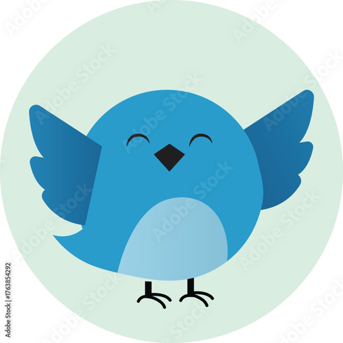 Adorable round blue bird with spread wings happily smiling on a light green circle