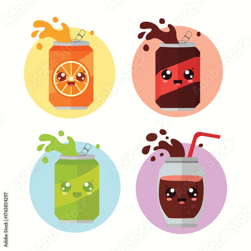 Collection of four cute cartoon soda beverage cans with happy fruit faces splashing