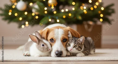 Fototapeta A cute dog, cat, and rabbit cuddling together in front of a Christmas tree. Unlikely animal friends celebrating the holidays. Pet friendship and togetherness concept