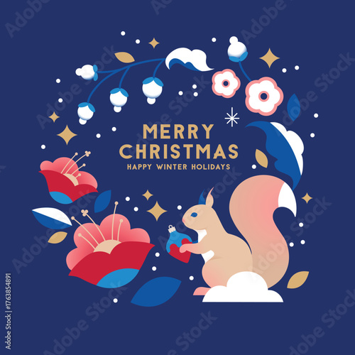 Christmas illustration with cute squirrel holding Christmas ornament, decorated with flowers in flat minimalist style. Design for greeting cards, advent calendars or product packaging.
