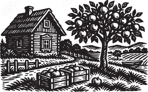 Rustic apple orchard landscape with farmhouse and fruit trees in vintage black and white linocut etching style rural countryside illustration for organic packaging label or banner