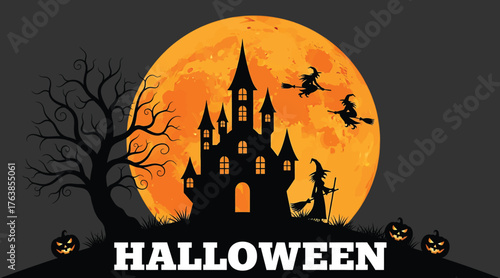 Vector art of halloween night scene featuring a haunted castle silhouetted against a full moon, with witches flying and jackolanterns adding to the spooky atmosphere for halloween celebrations
