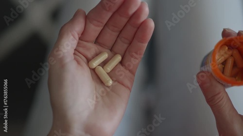 Medication Tablets, Capsules From Medicine Bottle. Antidepressant Headache Soporific Antibiotic. Medical Insurance Medicare. Vitamins And Supplements. Pouring Pills From Prescription Medicine Bottle.