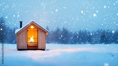 Cozy Wood Sauna in Winter Snowfall, Fire Burning Inside, relaxation , winter cabin