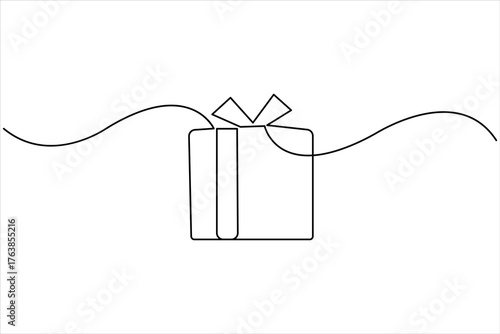Continuous one line art drawing of present box with ribbon and bow. Gift box single line art outline vector illustration