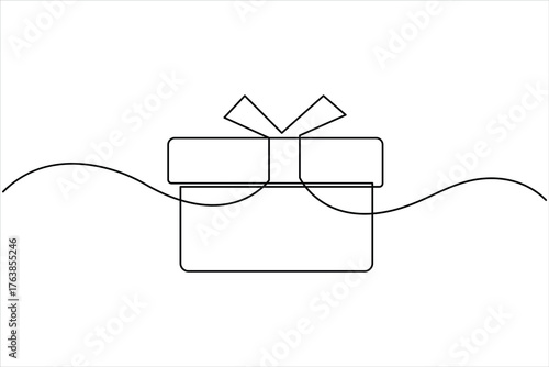 Continuous one line art drawing of present box with ribbon and bow. Gift box single line art outline vector illustration