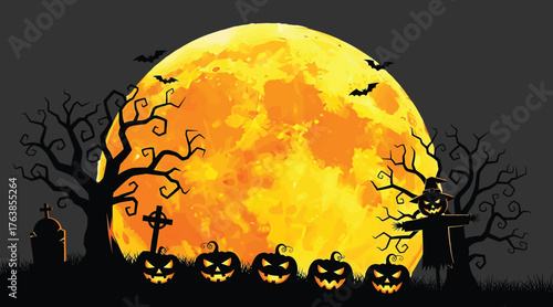 Vector art of a spooky halloween night scene featuring a large orange moon, silhouetted trees, bats, tombstones, a scarecrow, and a row of glowing jackolanterns casting an eerie glow