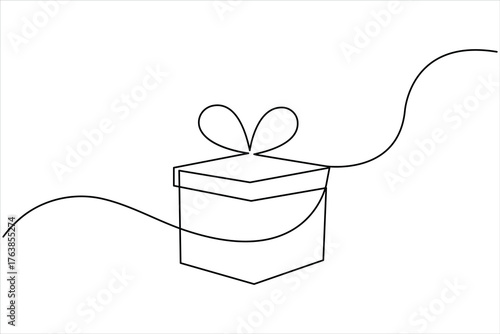 Continuous one line art drawing of present box with ribbon and bow. Gift box single line art outline vector illustration