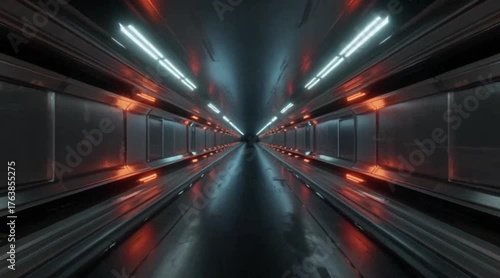 Futuristic Tunnel with Vibrant Red Neon Glow and Smooth Camera Movement
